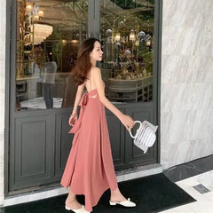 Spaghetti Strap Plain Bow Back Midi A-Line Dress
