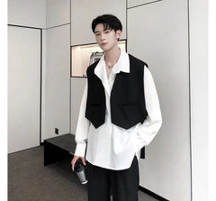 V-Neck Plain Crop Open Front Vest / Long-Sleeve Collared Plain Shirt