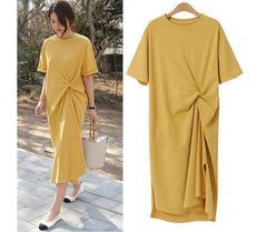 Short-Sleeve Crew Neck Plain Twist Midi T-Shirt Dress