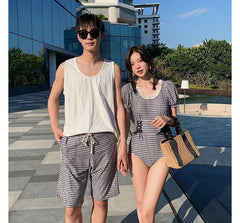 Couple Matching Short-Sleeve Plaid Swimsuit / Beach Shorts