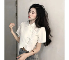 Short-Sleeve Collared Plain Blouse