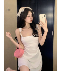 Tie Shoulder Plain Backless Mini A-Line Dress