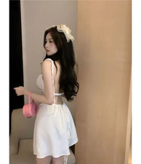 Tie Shoulder Plain Backless Mini A-Line Dress