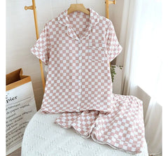Couple Matching Pajama Set: Short-Sleeve Checkerboard Top + Shorts (Various Designs)