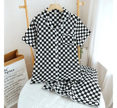 Couple Matching Pajama Set: Short-Sleeve Checkerboard Top + Shorts (Various Designs)