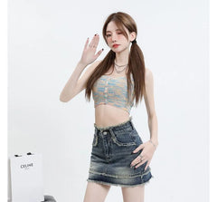 High Waist Washed Tassel Trim Denim Skort