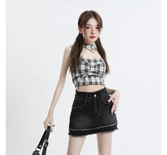 High Waist Washed Tassel Trim Denim Skort