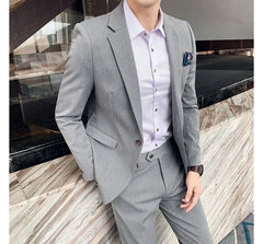 Set: Plain Single-Button Blazer + Vest + Straight Leg Dress Pants
