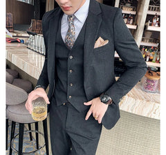 Set: Plain Single-Button Blazer + Vest + Straight Leg Dress Pants