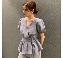 Puff-Sleeve V-Neck Plain Peplum Blouse