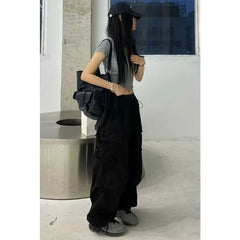 Mid Waist Plain Drawstring Cargo Baggy Pants