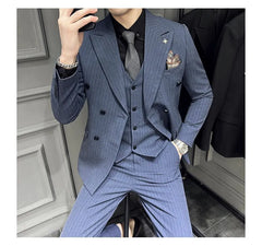 Set: Peak Lapel Striped Double-Breasted Blazer + Mid Rise Cropped Tapered Dress Pants