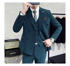 Set: Peak Lapel Plain Double-Breasted Blazer + Mid Rise Tapered Dress Pants
