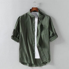 Elbow-Sleeve Stand Collar Linen Plain Shirt