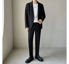 Set: Plain Single-Button Blazer + Tapered Dress Pants