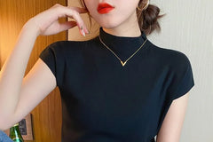 Short-Sleeve High Neck Plain Knit Top