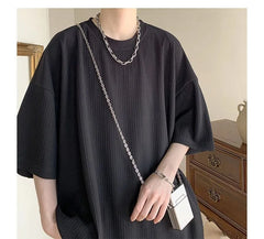 Elbow-Sleeve Crew Neck Plain Oversized T-Shirt