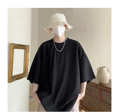 Elbow-Sleeve Crew Neck Plain Oversized T-Shirt