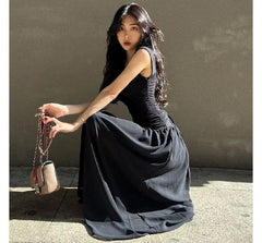 Sleeveless Square Neck Plain Maxi A-Line Dress