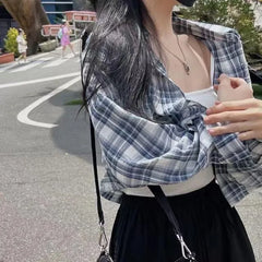 Long-Sleeve Button-Up Plaid Crop Blouse