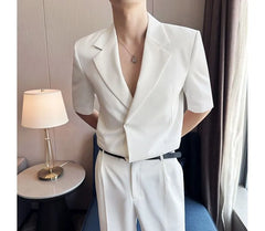 Set: Short-Sleeve Lapel Collar Button Blazer + Mid Rise Plain Dress Pants