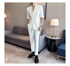 Set: Short-Sleeve Lapel Collar Button Blazer + Mid Rise Plain Dress Pants