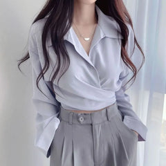 Long-Sleeve Plain Button-Up Wrap Crop Shirt