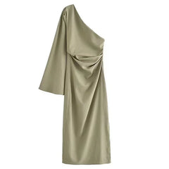 Long-Sleeve One-Shoulder Plain Slit Midi Sheath Dress
