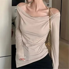 Long Sleeve Cold-Shoulder Plain T-Shirt