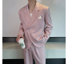 Set: Plain Asymmetrical Double-Breasted Blazer + Drawstring Waist Loose Fit Pants