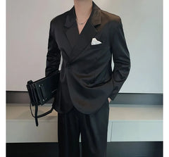 Set: Plain Asymmetrical Double-Breasted Blazer + Drawstring Waist Loose Fit Pants