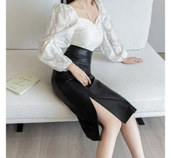 High Rise Plain Slit Faux Leather Midi Pencil Skirt