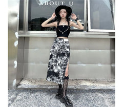 High Rise Tie Dye Chain Accent Slit Midi Pencil Skirt