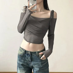 Long Sleeve Tie-Strap Off-Shoulder Plain Mesh  Crop Top