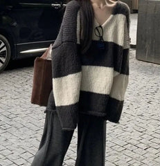 Long-Sleeve V-Neck Striped Sweater / High Rise Plain Wide Leg Pants