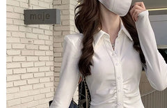 Long-Sleeve Plain Ruched Button-Up Slim Fit Shirt / High Rise Pleated Mini A-Line Skirt
