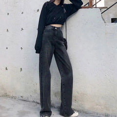High Rise Washed Straight-Fit Wide-Leg Jeans