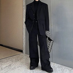 Set: Lapel Collar Plain Detachable Single-Breasted Cargo Blazer + High Waist Wide Leg Dress Pants