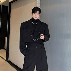 Set: Lapel Collar Plain Detachable Single-Breasted Cargo Blazer + High Waist Wide Leg Dress Pants