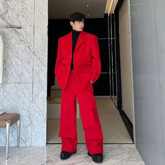 Set: Lapel Collar Plain Detachable Single-Breasted Cargo Blazer + High Waist Wide Leg Dress Pants