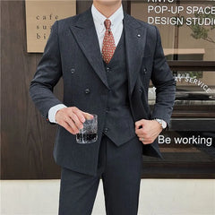 Set: Lapel Collar Double Breasted Blazer + Plain Dress Pants + Vest