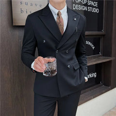 Set: Lapel Collar Double Breasted Blazer + Plain Dress Pants + Vest