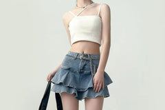 High Waist Ruffled Layered Mini Denim Skirt