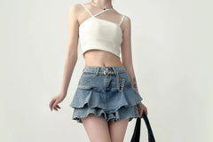 High Waist Ruffled Layered Mini Denim Skirt