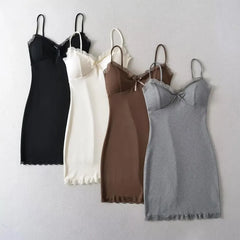 Spaghetti Strap V-Neck Lace-Trim Mini Bodycon Dress