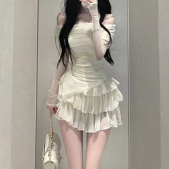 Long-Sleeve Off Shoulder Plain Top / Mini Tiered Skirt