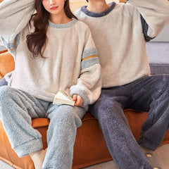 Couple Matching Pajama Set: Crew Neck Striped Sweatshirt + Plain Pants