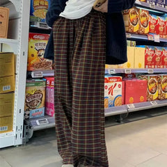 Drawstring Waist Plaid Wide Leg Pants