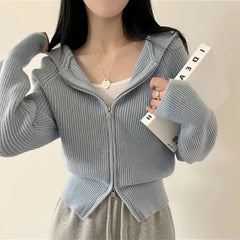 Plain Ribbed Zip-Up Knit Hoodie