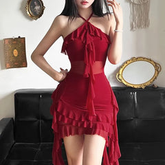 Halter Neck Plain Asymmetrical Mesh Panel Ruffle Trim Open Back Mini Bodycon Dress